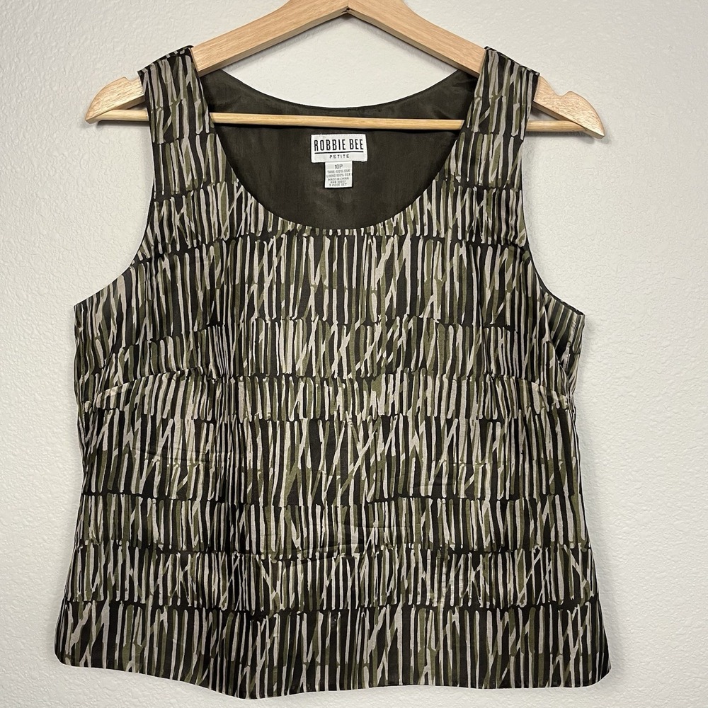 VTG Robbie Bee 100% Silk Tank Brown Olive Abstract Sz 10 Office Siren Boho Artsy